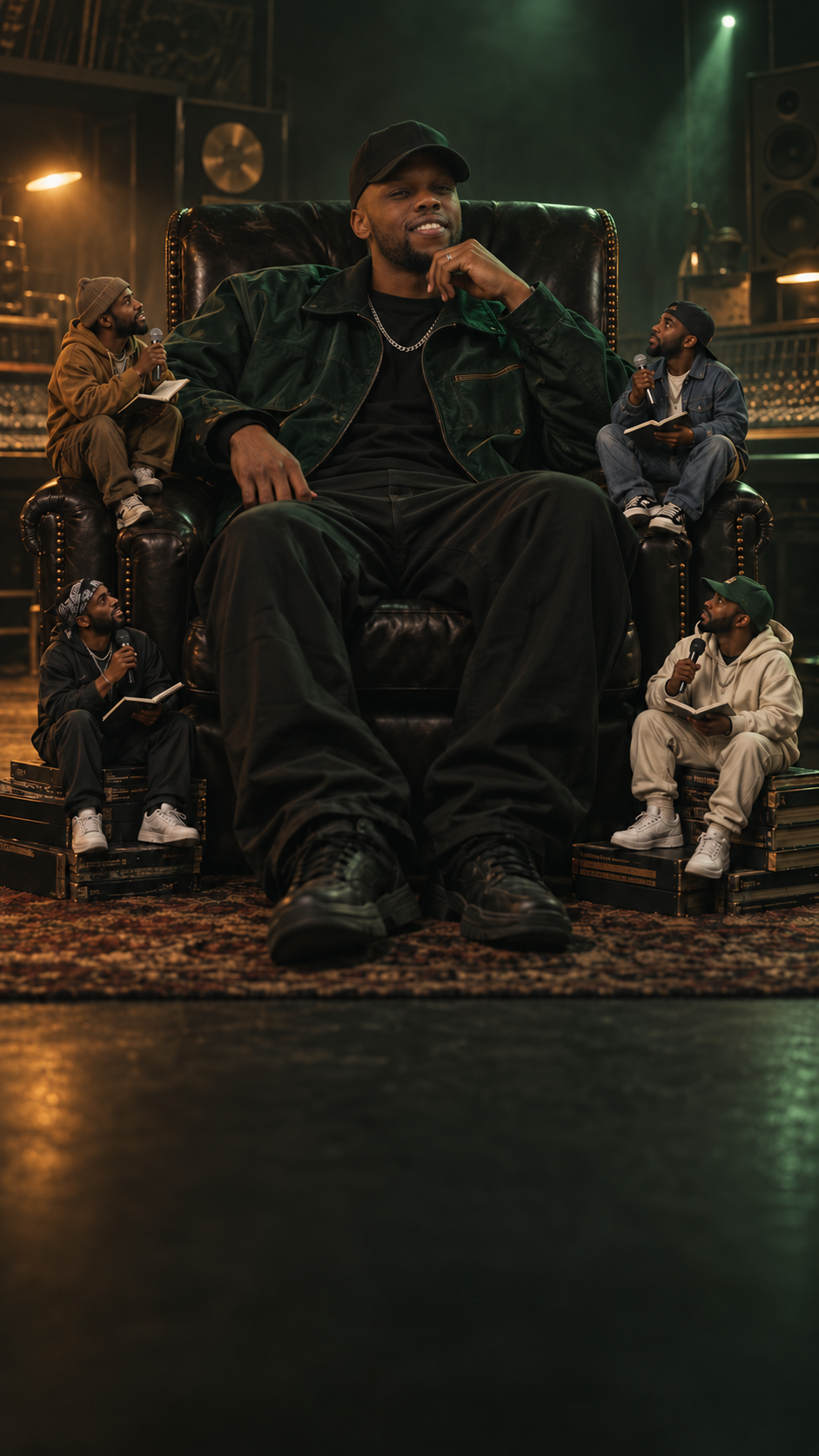 AI-generated artwork of Delboy seated in a recording studio surrounded by miniature adult rappers