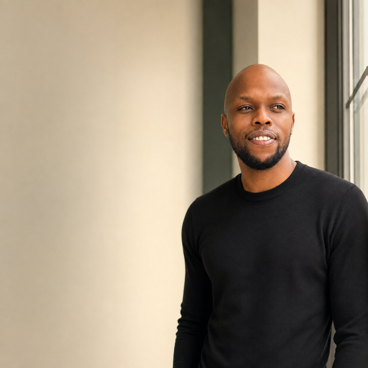 Del in a black shirt, smiling beside a softly lit window